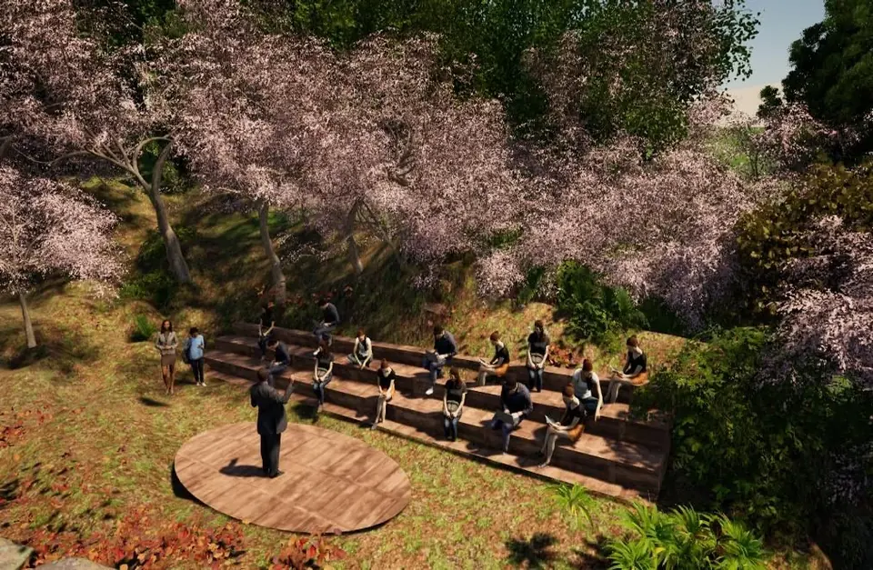 Sekyung High School forest — Gathering on the round deck under the cherry blossoms.